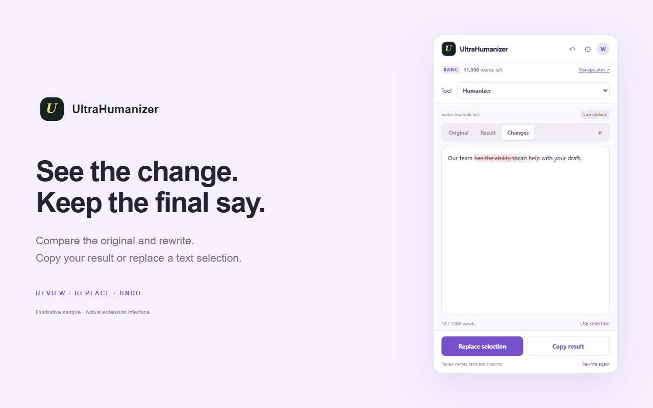 Extension result review and replacement controls with illustrative text